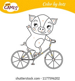 Coloring book for children. Cute pig rides a bicycle. 