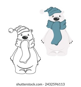 Coloring book for children, cute polar bear in a hat. Illustration and sketch, vector