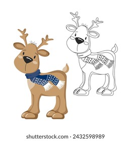 Coloring book for children, cute polar reindeer. Illustration and sketch, vector