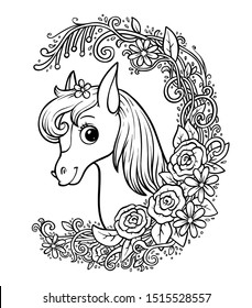 Coloring book for children, Cute pony in a floral frame