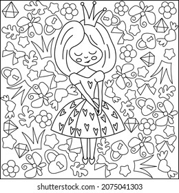 Coloring book for children. Cute princess and doodle illustration. Flat vector illustration for children's books and magazines