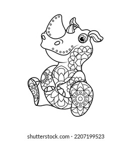 Coloring book for children. Cute rhinoceros in zentangle style. The task for children can be used in a book, magazine. Vector illustration