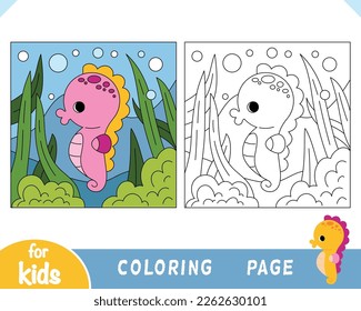 Coloring book for children, Cute seahorse and sea background