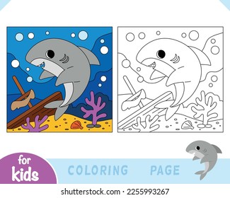 Coloring book for children, Cute shark and sunken ship background