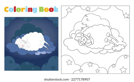 Coloring book for children cute sheep sleeps on a cloud among the stars and clouds. Coloring pages for kindergarten or elementary school.