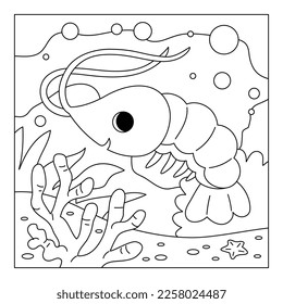 Coloring book for children, Cute shrimp and undersea background