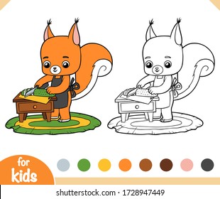 Coloring book for children, Cute squirrel cooks food and cuts cucumber