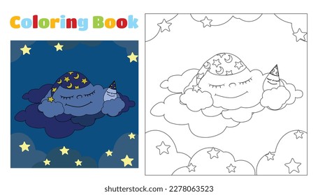 Coloring book for children cute storm cloud in a nightcap with a drop of rain sleeps on a cloud among the stars and clouds. Coloring pages for kindergarten or elementary school.