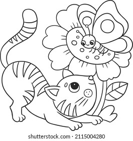 Coloring book for children: cute striped kitten looking at a butterfly sitting on a flower