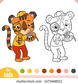 Coloring book for children, Cute tiger with a magnifier looks at a flower