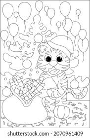 Coloring book for children. Cute tiger in a New Year's hat with a bag of gifts near the New Year tree. Flat vector illustration for children's books and magazines