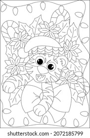 Coloring book for children. A cute tiger in a hat peeks out of a Christmas wreath. Flat vector illustration for children's books and magazines