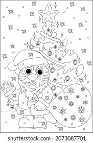 Coloring book for children. Cute tiger in a Santa Claus costume with a bag of gifts near the Christmas tree. Flat vector illustration for children's books and magazines