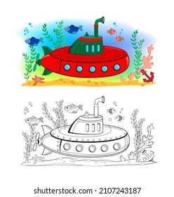 Coloring book for children. Cute toy submarine model. Underwater life. Colorful and black and white template for coloring. Kids activity sheet. Educational page. Cartoon vector illustration.