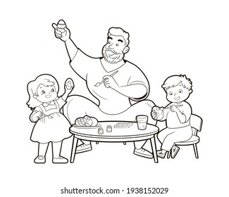 Coloring book: Children with dad paint Easter eggs for Easter. Happy family, Father's Day. Vector illustration in cartoon style, black and white line art