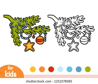Coloring book for children, Decorated Christmas Tree branch