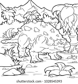 Coloring book for children with a dinosaur hand-painted in cartoon style