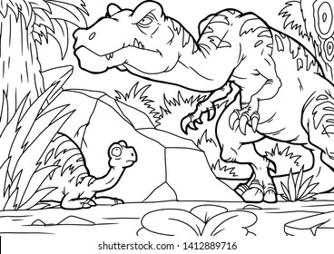 Coloring book for children with a dinosaur hand-painted in cartoon style, tyrannosaurus