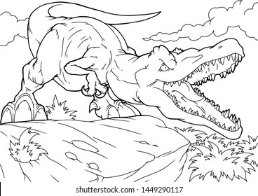 Coloring book for children with a dinosaur hand-painted in cartoon style, tyrannosaurus