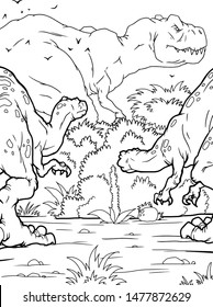Coloring book for children with a dinosaur hand-painted in cartoon style, tyrannosaurus