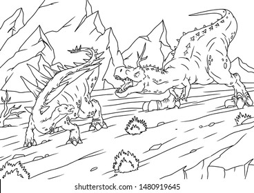 Coloring book for children with a dinosaur hand-painted in cartoon style