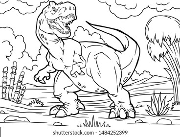 Coloring book for children with a dinosaur hand-painted in cartoon style, tyrannosaurus