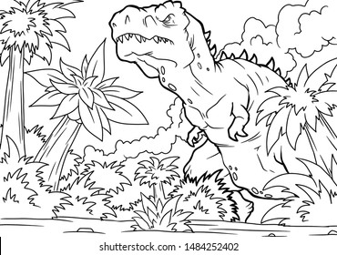 Coloring book for children with a dinosaur hand-painted in cartoon style, tyrannosaurus