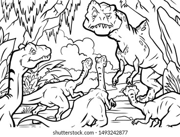 Coloring book for children with a dinosaur hand-painted in cartoon style