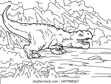 Coloring book for children with a dinosaur hand-painted in cartoon style, tyrannosaurus
