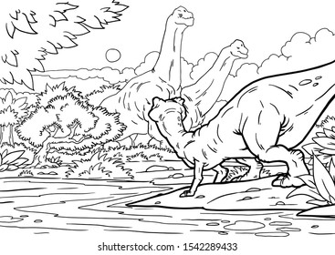 Coloring book for children with a dinosaur hand-painted in cartoon style