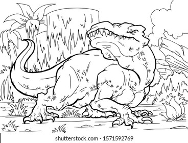 Coloring book for children with a dinosaur hand-painted in cartoon style