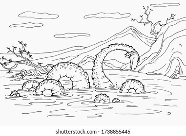 Coloring book for children with a dinosaur hand-painted in cartoon style, sea monster. Beautiful picture of a dinosaur for coloring. Children's rest. Dinosaur printable coloring pages