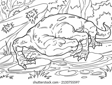 

Coloring book for children with a dinosaur hand-painted in cartoon style