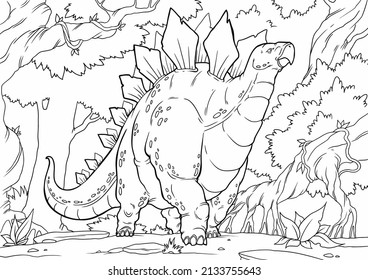 

Coloring book for children with a dinosaur hand-painted in cartoon style