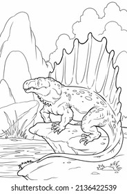 

Coloring book for children with a dinosaur hand-painted in cartoon style