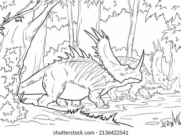 

Coloring book for children with a dinosaur hand-painted in cartoon style