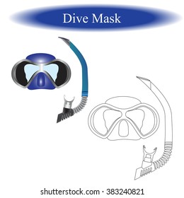 Coloring book for children. Diving mask, diving tube, swimming equipment, snorkeling. Vector illustration