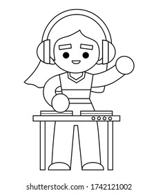 Coloring book for children, DJ girl in headphones and mixing console