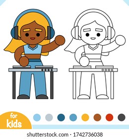 Coloring book for children, DJ girl in headphones and mixing console