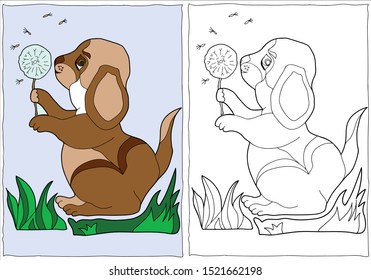 Coloring book for children. Dog with a dandelion. Hand drawn. Black and white vector illustration with a pattern for coloring.