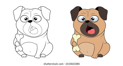 Coloring Book For Children With A Dog. Vector Illustration Of A Dog With A Bone, Clipart Of A Cute Dog, Illustration With A Dog In Color And Black And White.