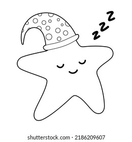 Coloring book for children. Draw a cute cartoon star sleeping in a sleep cap based. Vector isolated on a white background.