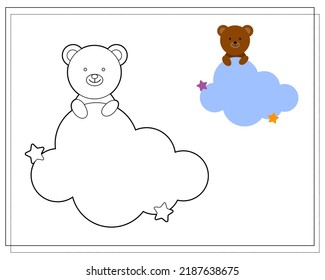 Coloring book for children. Draw a cute cartoon bear sleeping in the clouds based on the drawing. Vector isolated on a white background.