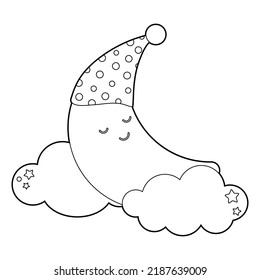 Coloring book for children. Draw a cute cartoon moon sleeping in a sleeping cap in the clouds based. Vector isolated on a white background.