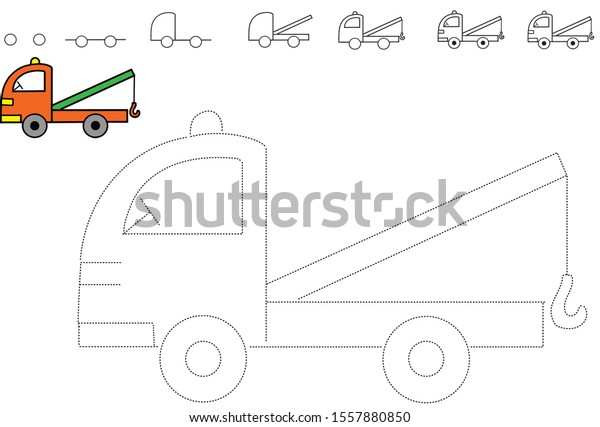 Coloring book for children. Drawing tutorial. How to\
draw a car. Tow truck to be traced. Vector trace game. Dot to dot\
educational game for\
kids