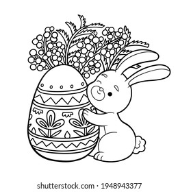 Coloring book for children, Easter illustration. Rabbit and colored egg and mimosa flowers