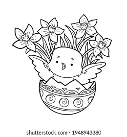 Coloring book for children, Easter illustration. Little bird and colored egg and flowers