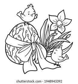 Libro de Colores para niños, ilustración de Pascua. Pájaros pequeños y huevos y flores de colores