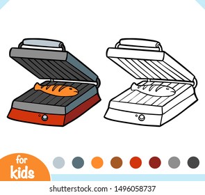 Coloring book for children. Electric Contact Grill. Black and white cartoon kitchen appliances
