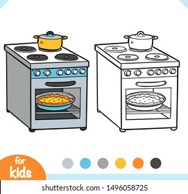 Coloring book for children. Electric stove. Black and white cartoon kitchen appliances.